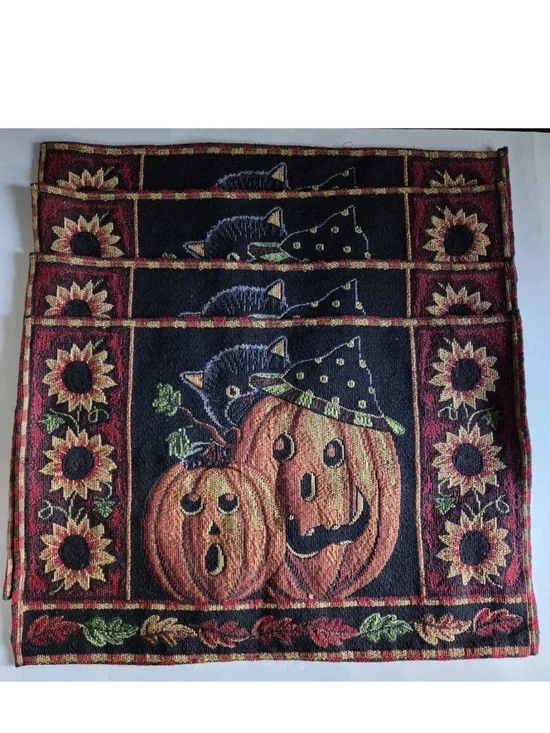 Vintage Y2K Halloween Fall Autumn Pumpkin, Sunflower & Cat Placemat Set Of 4