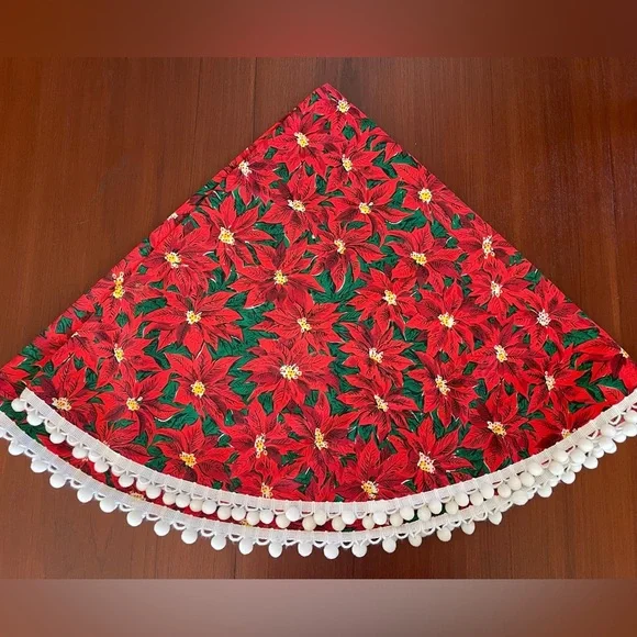Vintage 52” Round Red Poinsettia Tablecloth with White Pompon Trim