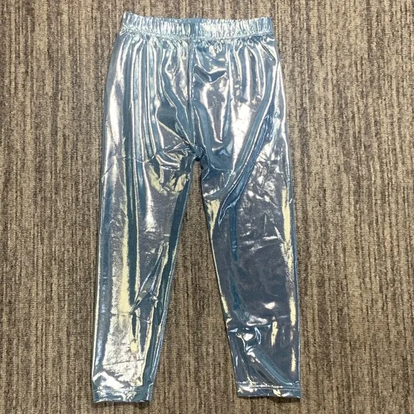 New Metallic‎ Leggings High Waisted Kids Yoga Pants Shiny Blue Size 6-7 M