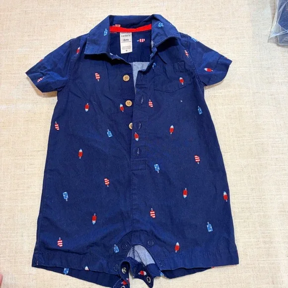 Carters Baby Boy 6M Navy Blue Popsicle Print Romper Button Front‎ One Piece