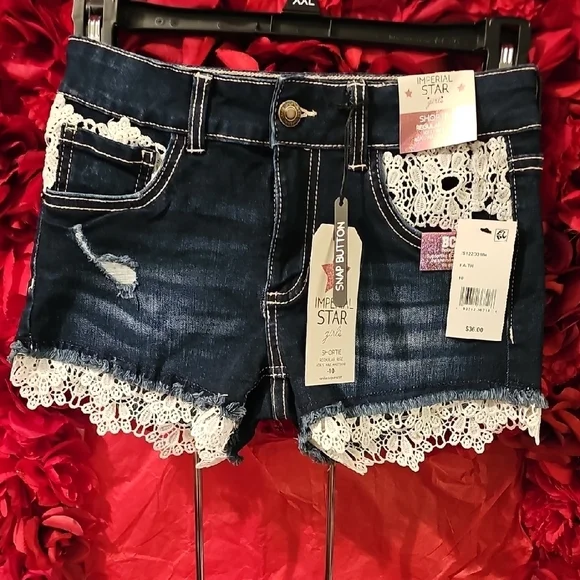 Imperial Star Women's Blue Denim Shorts with Lace Trim