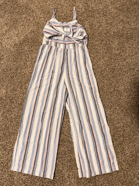 Rare Editions Pastel Striped Tie-Front Jumpsuit - Blue, Pink, Cream, Gray