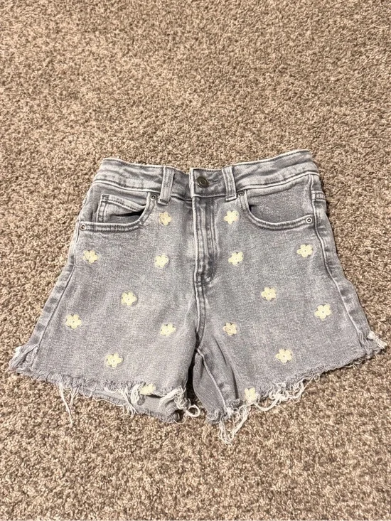 Girls' Gray Denim Shorts with pale Yellow Floral Embroidery