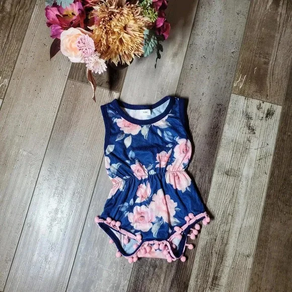 Baby Girl Blue and Pink Floral Pom Pom Trim Romper Size 3-6M
