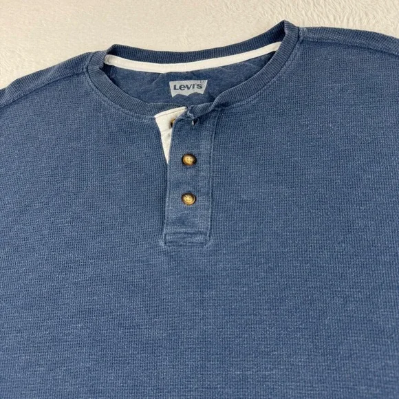 Levi's Henley Shirt Mens Large Blue Waffle Knit Long‎ Sleeve Iconic Red Tab