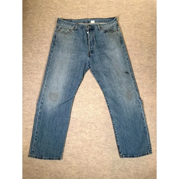 Levis 501 Jeans Mens 36x30 Blue Light Wash Button Fly Straight‎ Leg Distressed