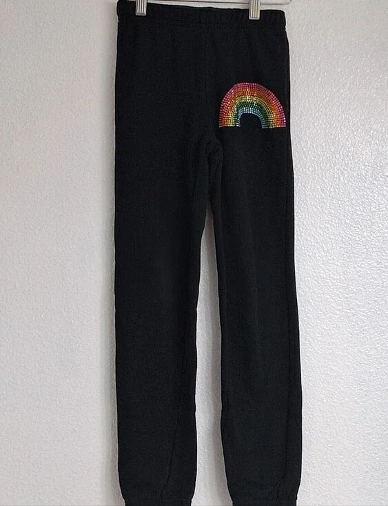 Super Soft Butter Girl's Joggers With A Rhinestone Rainbow    Size M