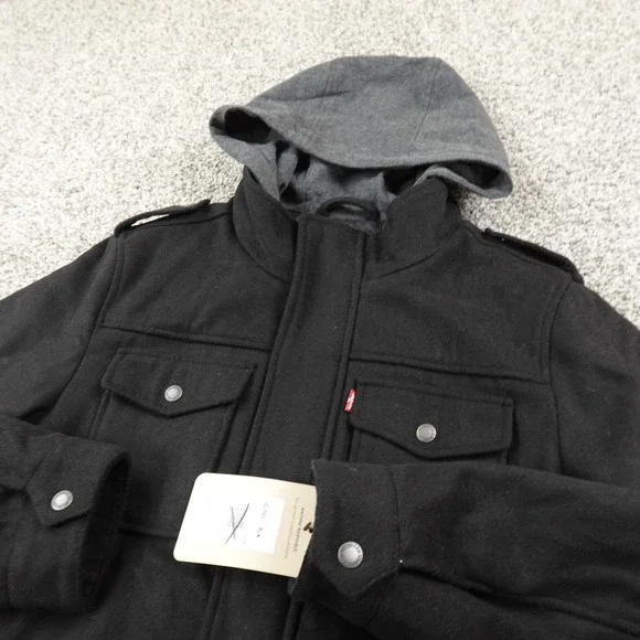NEW Levis Jacket Mens S Black Wool‎ Hooded Trucker Quilted Lined Work Chore Coat