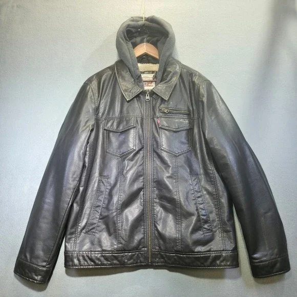 Levi‎ Men's Sherpa Lined Faux Leather Bomber Jacket Hooded Size XL