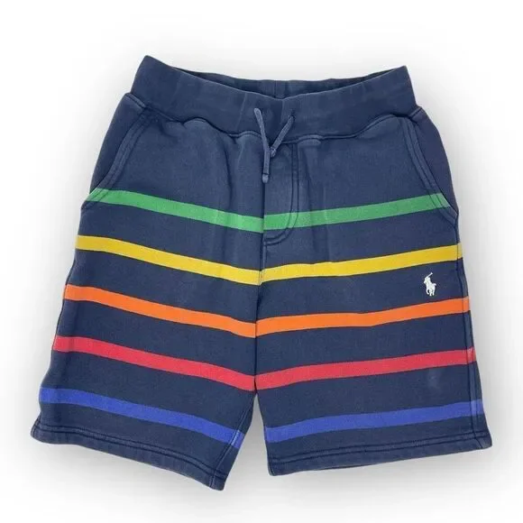 Polo Ralph Lauren Fleece Blue Rainbow Striped Shorts Boys Size Medium 10-12