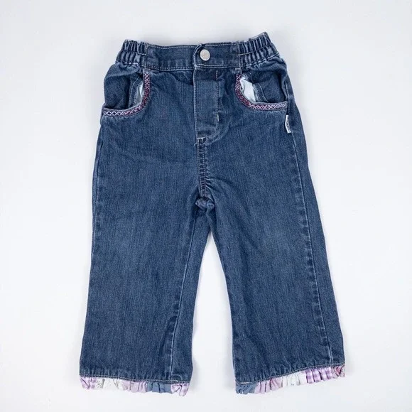 Vintage OshKosh Denim Jeans Y2K‎ Blue Floral Ruffle Hem Baby Girls 18 Months