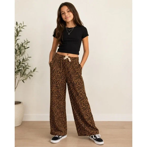 Girls Leopard Print Wide Leg Pants Brown Black Animal Print Drawstring Trousers