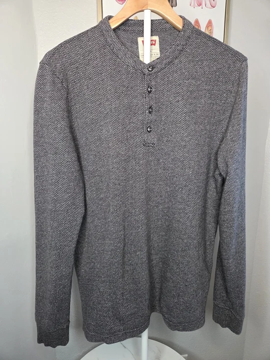 Levi’s Mens Herringbone Henley Shirt Gray Black Long Sleeve Size L