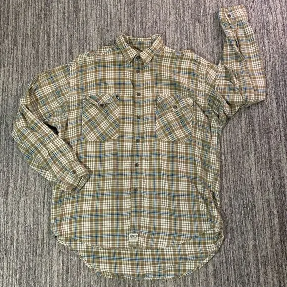 Levis Mens Size XL Button Front Plaid Shirt‎ Tan Brown Blue Long Sleeves Pockets