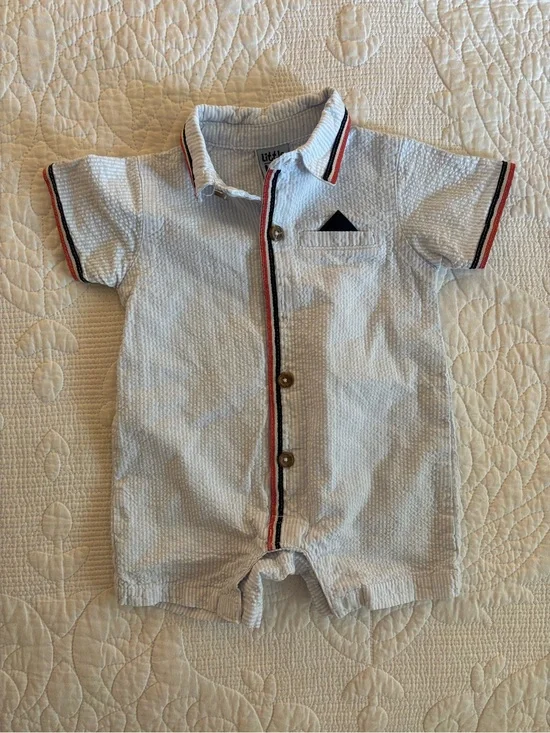 Seersucker Light Blue Pinstriped Baby Romper with Red & Navy Trim