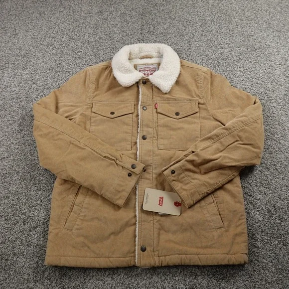 NEW Levis Jacket Mens S Beige Corduroy Sherpa Lined Trucker Snap Zip‎ Coat