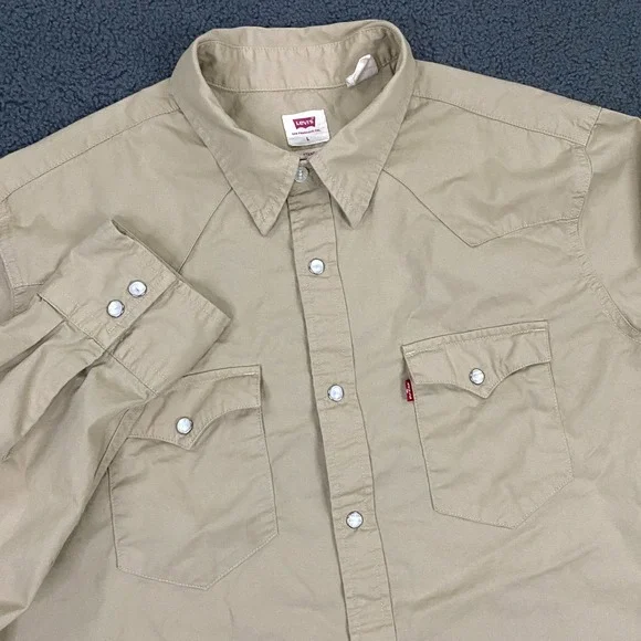 Levis Western Shirt Mens Large Tan Beige Twill Pearl Snap Red Tab Cowboy