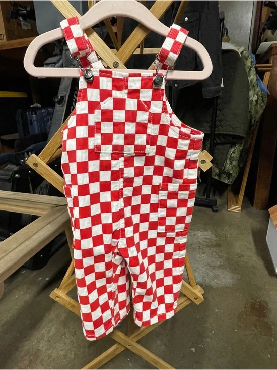 Kids Red & White Checkered Overalls - Adjustable Strap Playwear