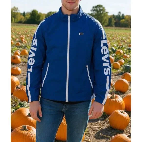 Levis Jacket Mens L Blue Stand Collar Windbreaker Hoodie‎ Spellout Lightweight