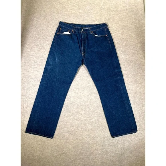 Levis 501 Original Fit Jeans Mens 40x32 Blue Whisker Denim Logo Cotton Dark Wash