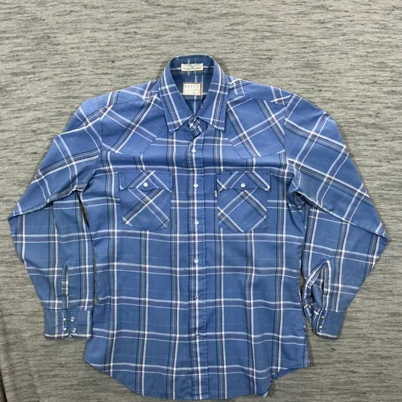 Levis Mens Vintage Western Pearl Snap Shirt Blue Plaid Long Sleeve Size M