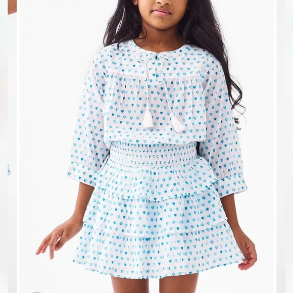 Roller Rabbit Girls White and Aqua Heart Print Tiered Skirt Set