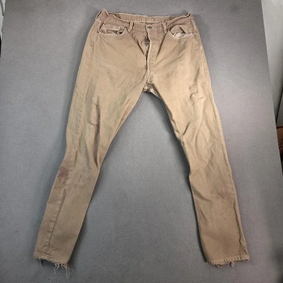 Vintage Levis 501 Jeans Mens Khaki Tan Button Made USA Distressed 90s Fits 34x32