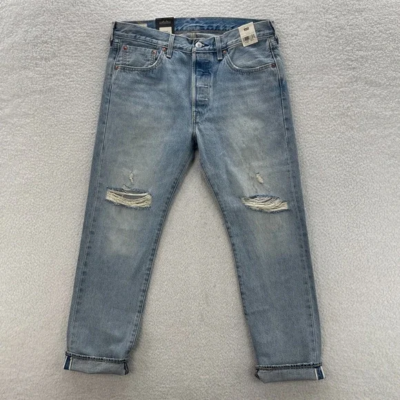 Levis 501 ST Jeans Mens 33x30 Blue Selvedge Slim Taper Light Wash Distressed 90s