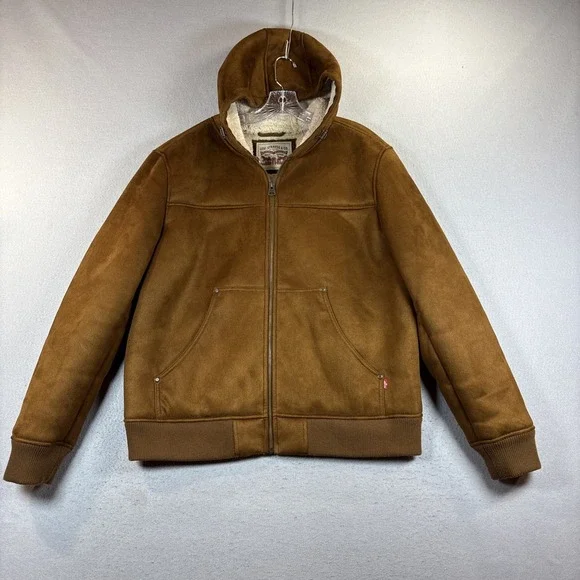Levi's Brown Sherpa Lined Faux Suede Hooded Bomber Jacket‎ XL EUC