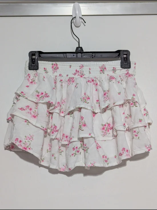 Hollister White Mini Skirt with Pink Floral Ruffles