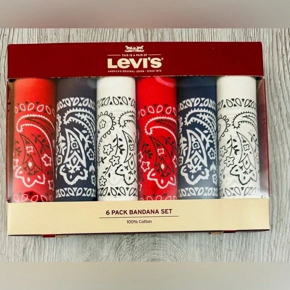 NEW! Levi's 6 Pack 100% Cotton Bandana‎ Gift Set Red/Blue/White Unisex Paisley