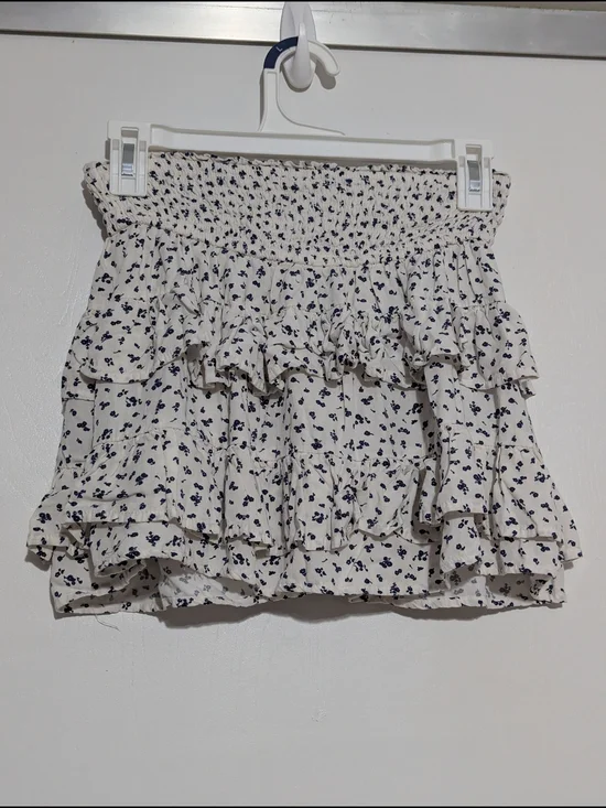 Tiered Ruffle Mini Skort in White with Navy Floral Print