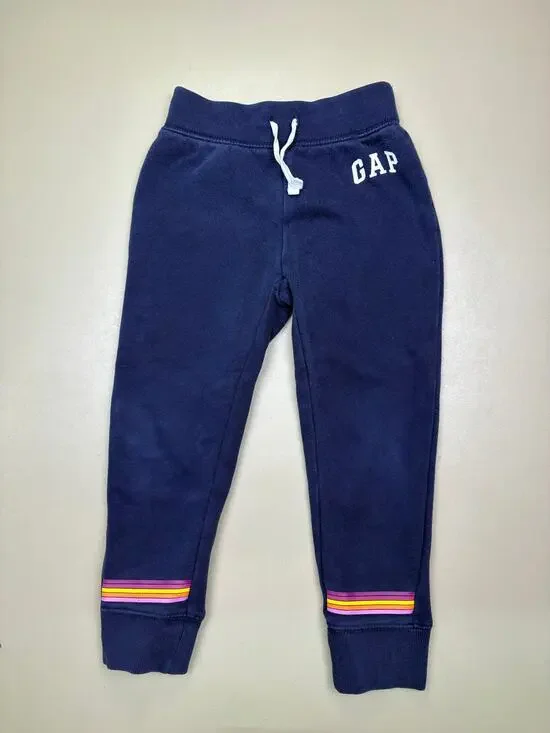 GAP Kids Girls Jogger Sweatpants 4 Years Navy Rainbow Stripe Fleece Lined EUC