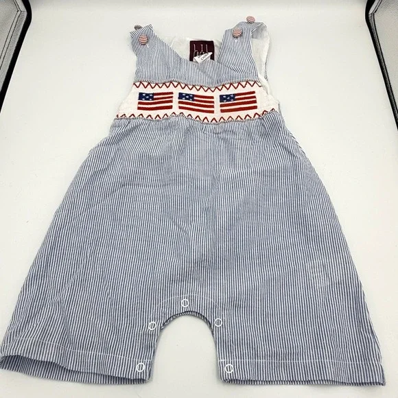 Lil Cactus Baby Smocked American Flag Seersucker Romper Blue White 18-24M