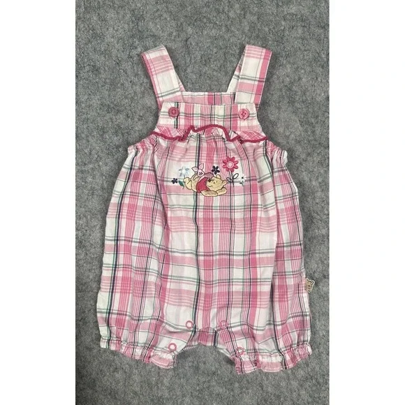 Vintage Disney Winnie the Pooh 0-3M Plaid Overalls Shortalls Bibs Pink Girls