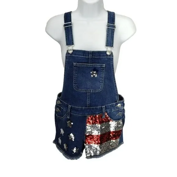 Justice Girl’s Denim Sequin American Flag Summer Shortalls Overalls Size‎ 12
