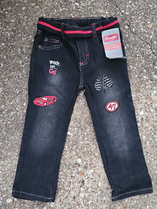 Wrangler Black 5 Pocket Slim Straight Jeans Red Racing Patch Belt 3T Toddler NWT