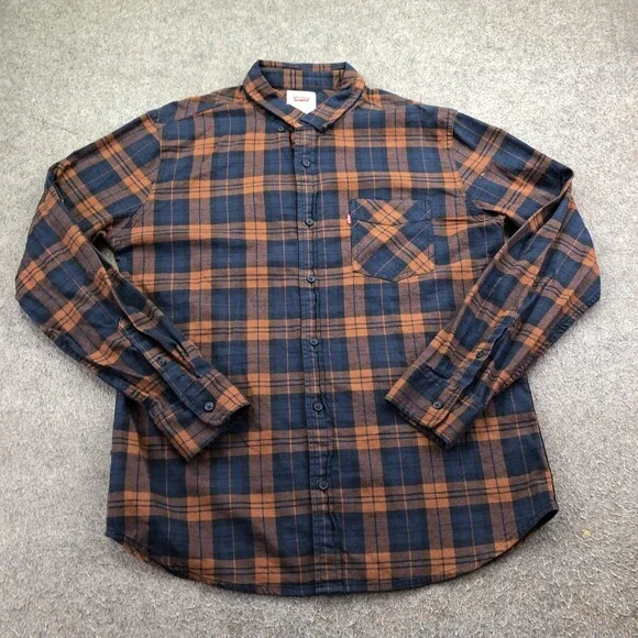 Levis Shirt Mens Large Blue Brown Plaid Long Sleeve Flannel Button Up Casual