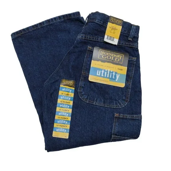 Wrangler Size 10 Boys Utility Jeans Legendary Gold Adj Waist Husky Dark Blue