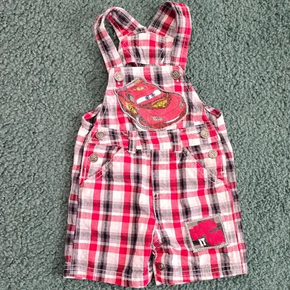 Disney‎ Baby Boy Lightning McQueen Cars Plaid Short Overalls Red Black Vintage