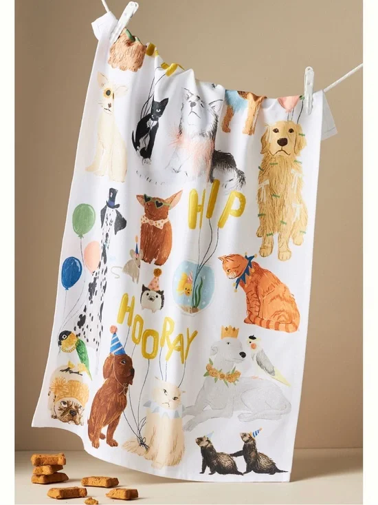 🐾Anthropologie Dish Towel Cotton New Animals Dogs Cats Pets Hip Hip Hooray