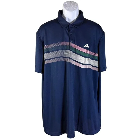 Adidas Polo Shirt Mens 2XL Navy Blue Graphic Stripe Short Sleeve Golf Tee‎