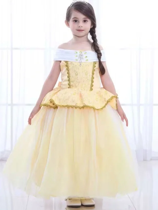 Girls Yellow Princess Costume Off-Shoulder Tulle Gown