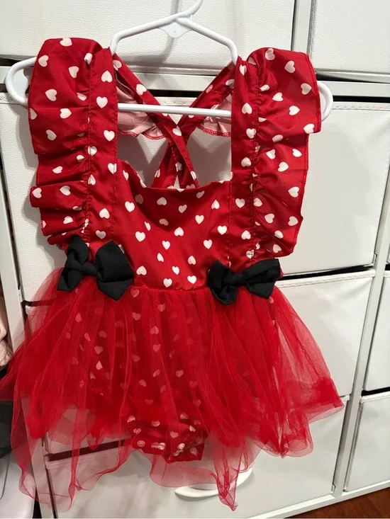 Red Heart Tulle Baby Girls Costume Dress with Black Bows