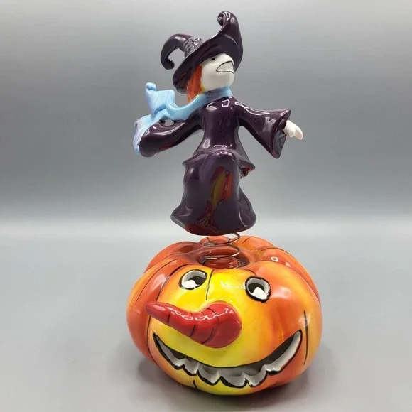 Apple's Halloween Witch on Pumpkin Bobble Figurine Decor 7.5in Purple Orange