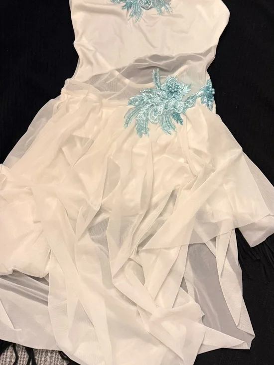 White double platinum Girl’s costume dance with Light Blue Floral Appliqué