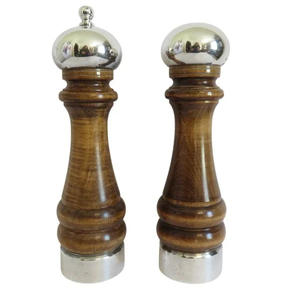 Vintage Borel Tall Sterling Silver Wood Pepper Mill Salt Shaker Set French Maker