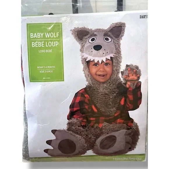 Baby Wolf Infant Costume 3-6 Months Halloween Outfit Jumpsuit Hood Booties NWT