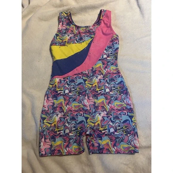 Moret Active Girl Gymnastics Biketard Unitard Size 8/10 Pink Blue Swirl‎ Dance
