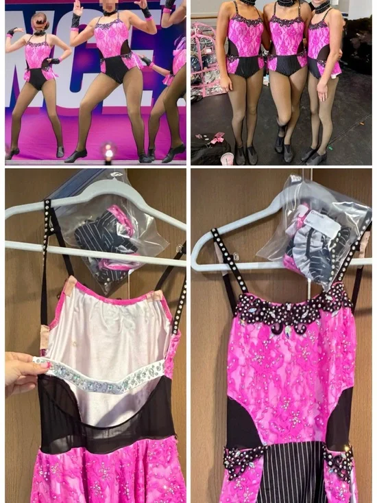 Pink Embellished Dance costume with Pinstripe Accents